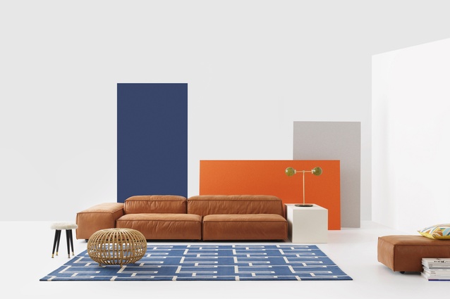 From left: Miami rug | $POA from <a href="http://www.designerrugs.co.nz/" target="_blank"><u>designerrugs.co.nz</u></a> | Living Divani extrasoft sofa by Piero Lissoni | $POA from <a href="http://www.studioitalia.co.nz/furniture/living/sofas/extra-soft/" target="_blank"><u>studioitalia.co.nz</u></a> | Franco Albini ottoman | $1,350 from <a href="http://shop.tessuti.co.nz/products/francoalbiniottoman-large" target="_blank"><u>tessuti.co.nz</u></a> | Acoustic panels | $POA from <a href="http://www.autexindustries.com/" target="_blank"><u>autexindustries.com</u></a> | Douglas and Bec Pare table lamp 02 | $1,190 from <a href="http://shop.douglasandbec.com/pare-table-lamp-02/" target="_blank"><u>douglasandbec.com</u></a> | Sunset poppy gold cushion | $558 from <a href="http://shop.tessuti.co.nz/products/sunsetpoppygoldcushion55x55" target="_blank"><u>tessuti.co.nz</u></a>