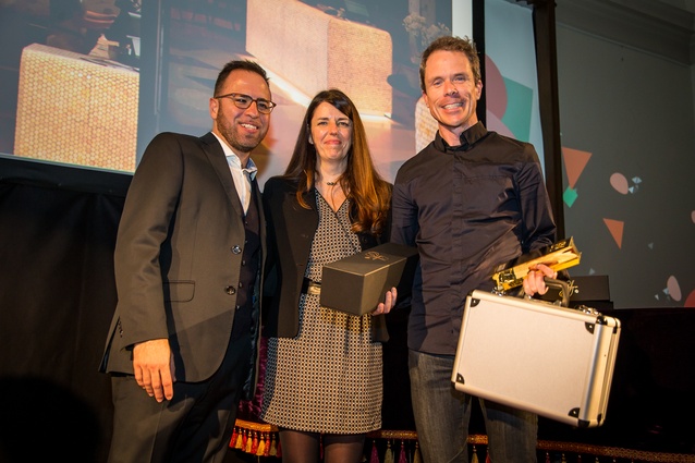 Federico Monsalve (editor of Interior magazine and Interior Awards convenor), Sophie Curabet (AGM Publishing) with Supreme Award and Hospitality winner Jack McKinney (McKinney + Windeatt Architects).