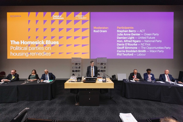 Moderator Rod Oram introduces the 8 speakers representing different parties in the Festival launch political debate: The Homesick Blues.