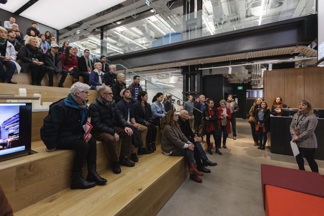 Andrea Davidson from the NZ Green Building Council speaks to the Green Building Tour group at Warren & Mahoney.